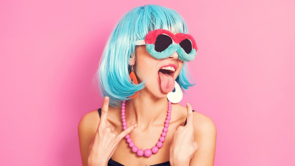 funky crazy woman tongue out blue hair sunglasses